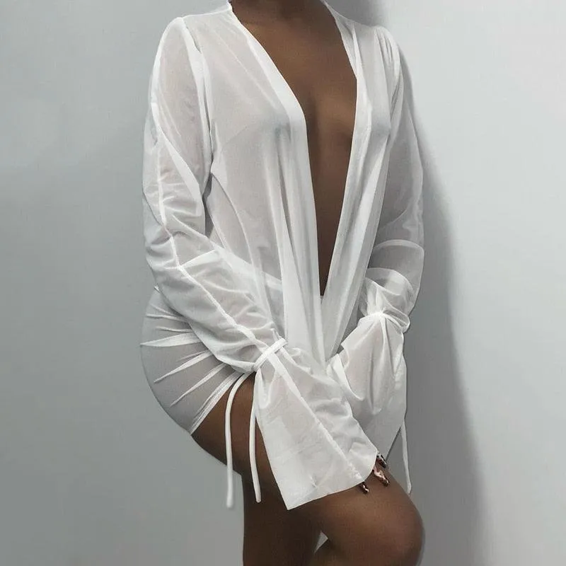 2 Piece Set Deep V-neck Long Sleeve Backless Top