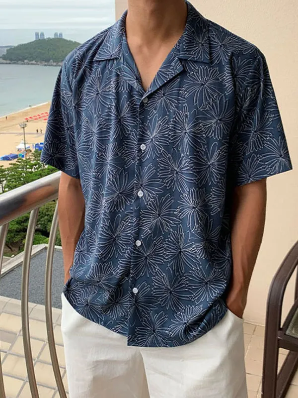 2023 Men Hawaiian Shirt Flower Printing Summer Lapel Short Sleeve Shirts