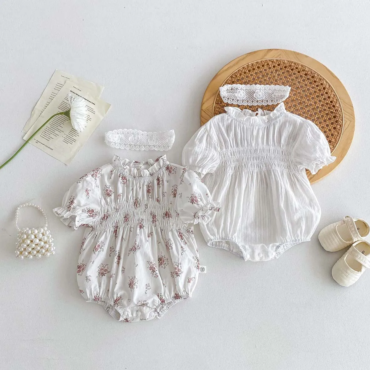 Baby Girls Solid Color Flower Rompers Wholesale 240409275