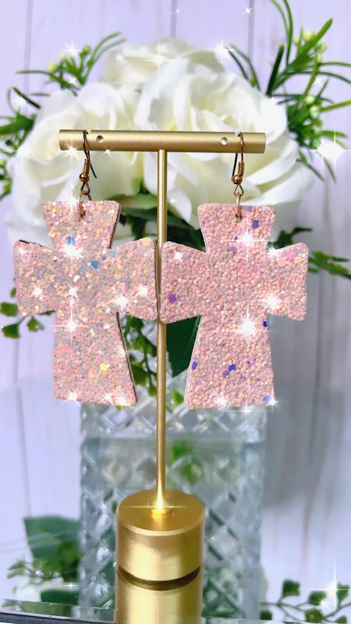 Blush Glitter Cross Earrings