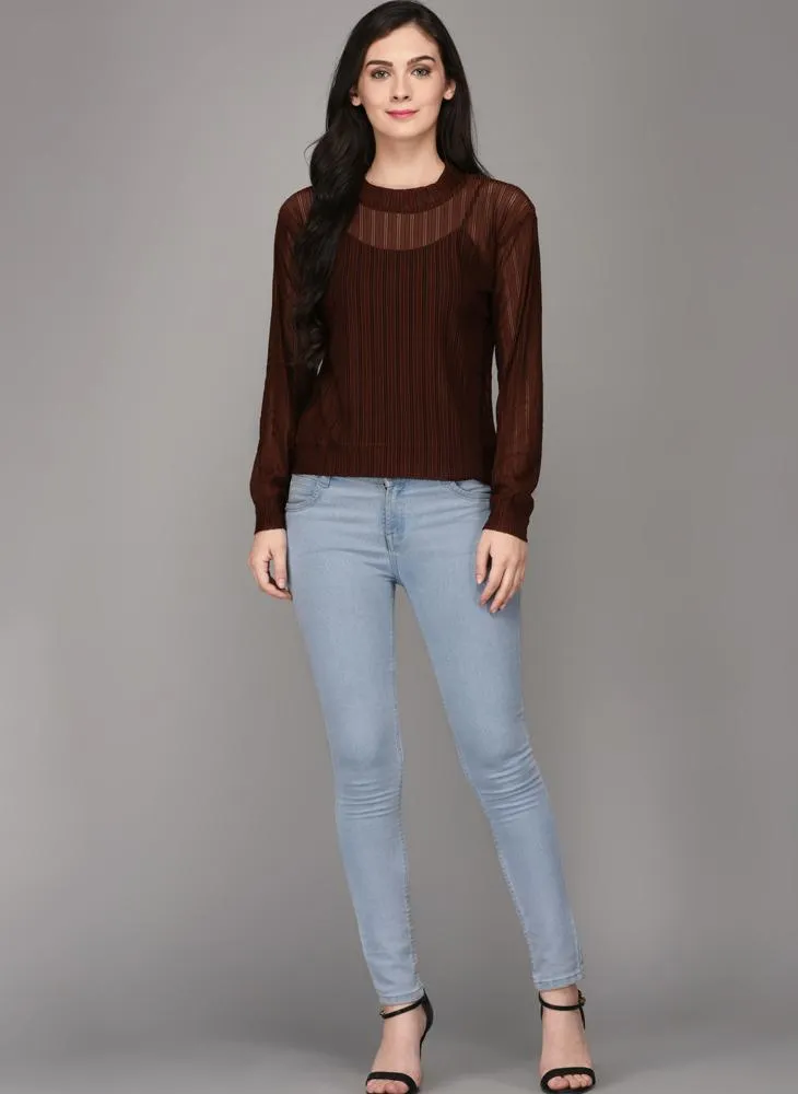 Brown Textured Full Sleeve Jumper