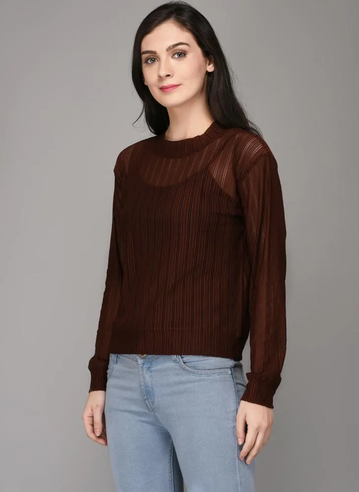 Brown Textured Full Sleeve Jumper