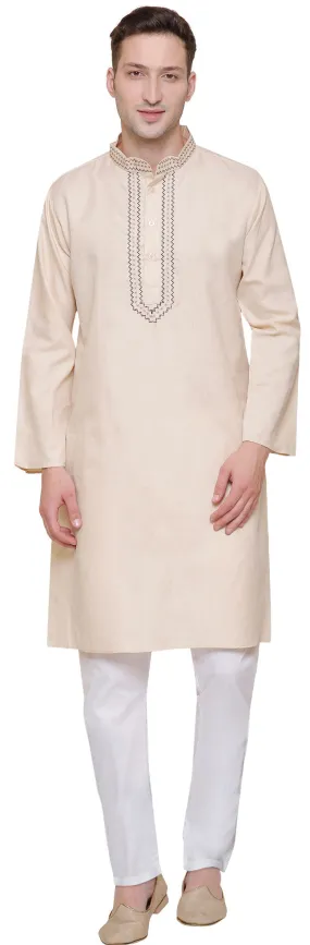 Cotton Embroidered Mens Kurta Pajama India Clothing (Beige)