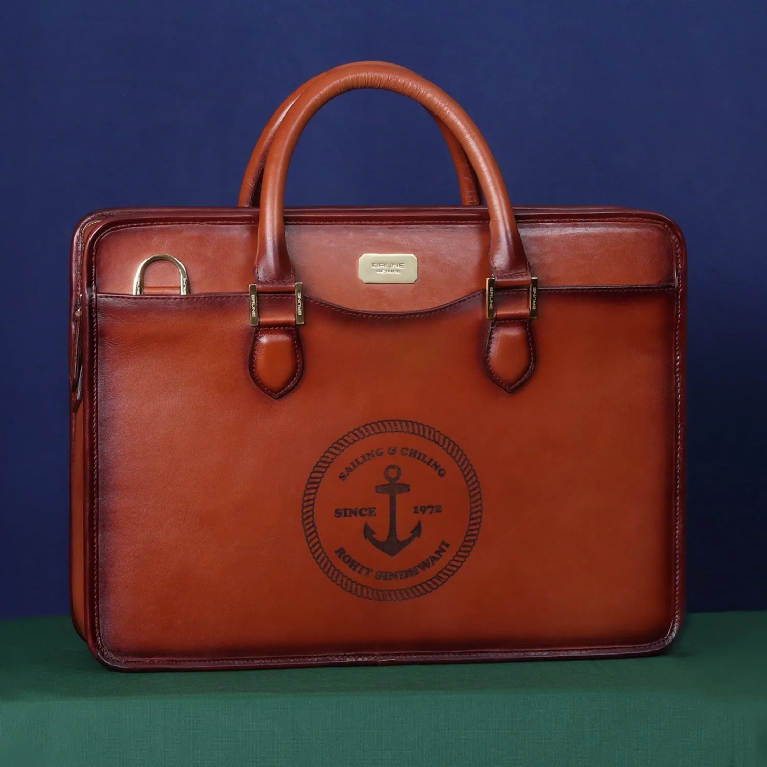 Customized Tan Darker Scritto Laser Initials and Anchor Sign Leather Laptop/Office Briefcase By Brune & Bareskin