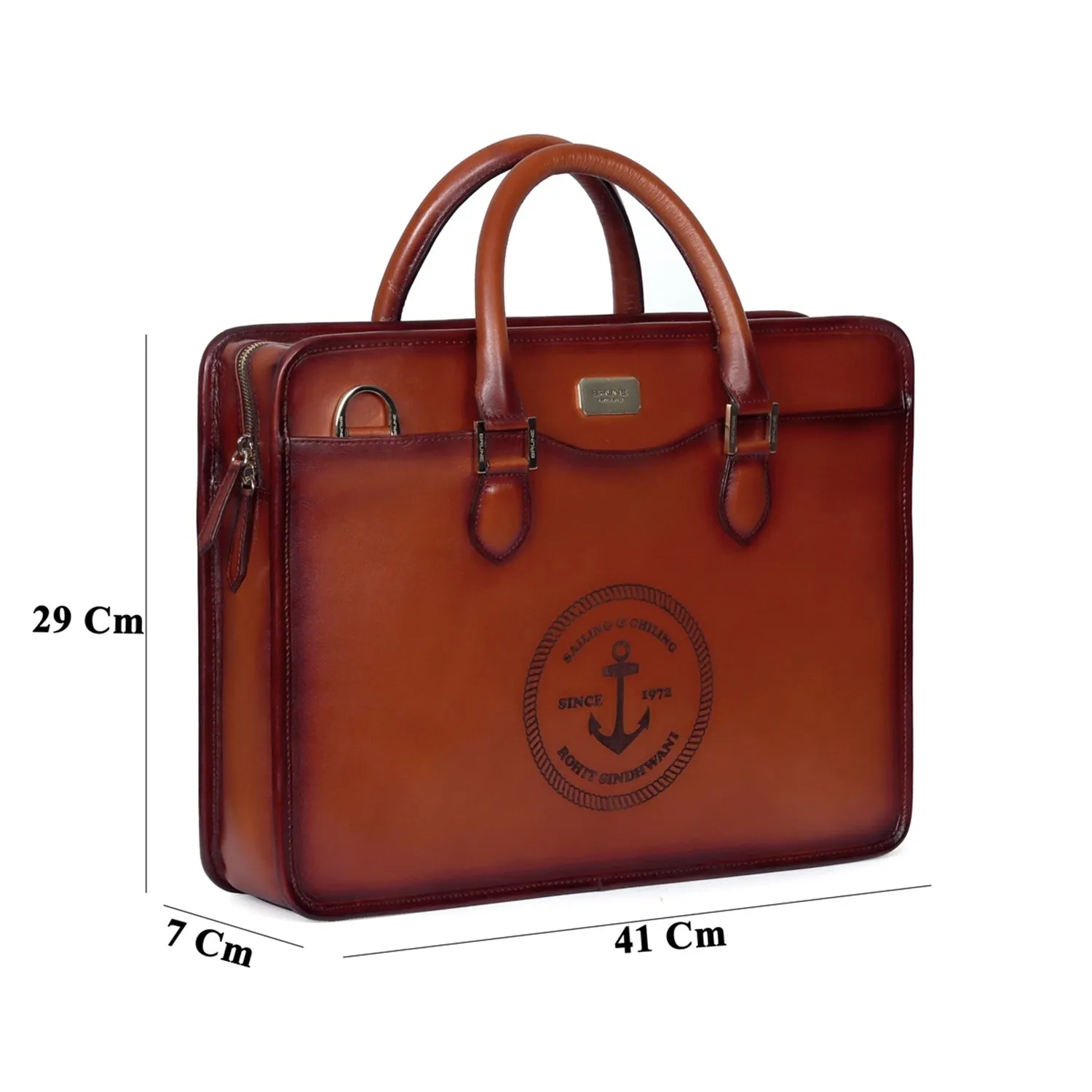 Customized Tan Darker Scritto Laser Initials and Anchor Sign Leather Laptop/Office Briefcase By Brune & Bareskin