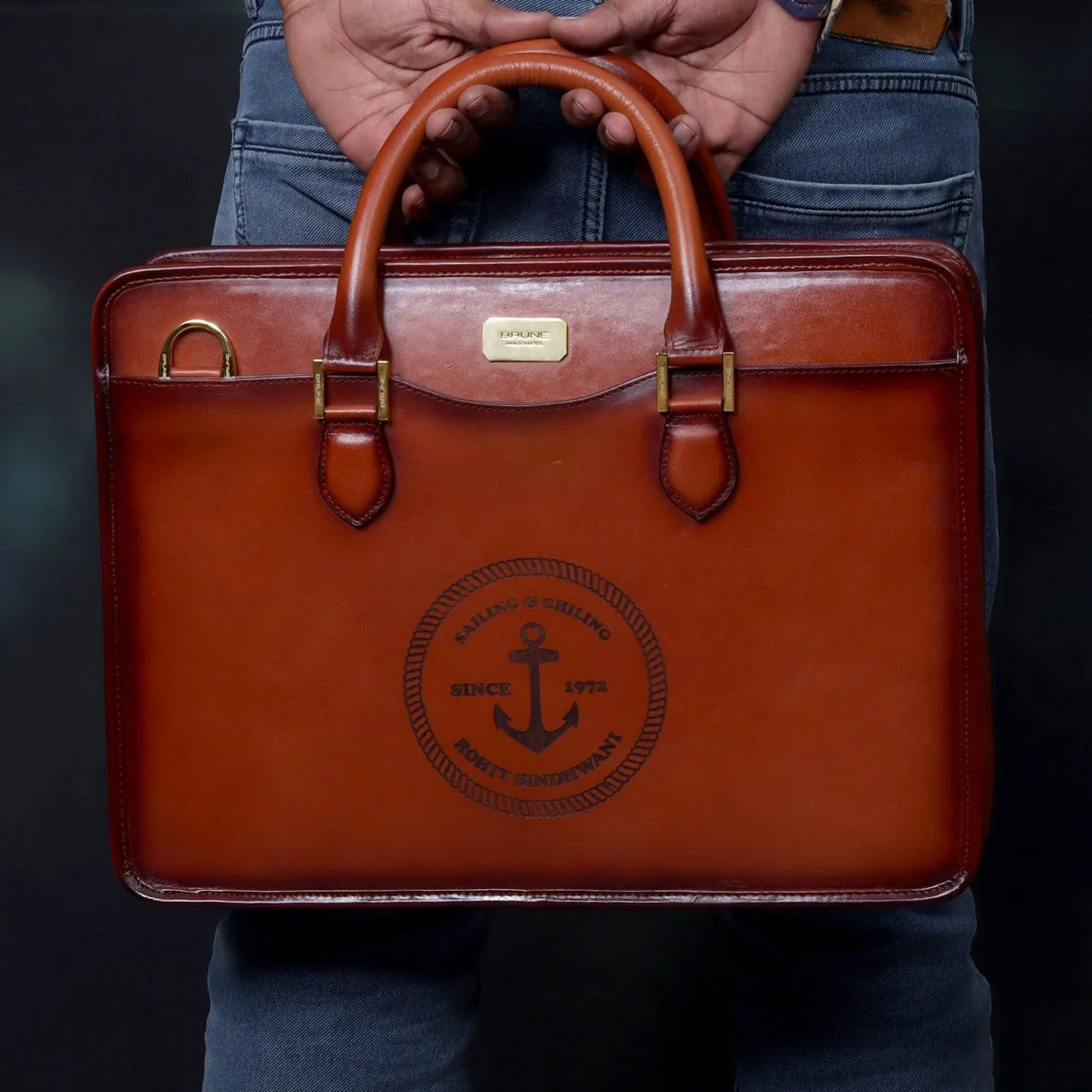 Customized Tan Darker Scritto Laser Initials and Anchor Sign Leather Laptop/Office Briefcase By Brune & Bareskin