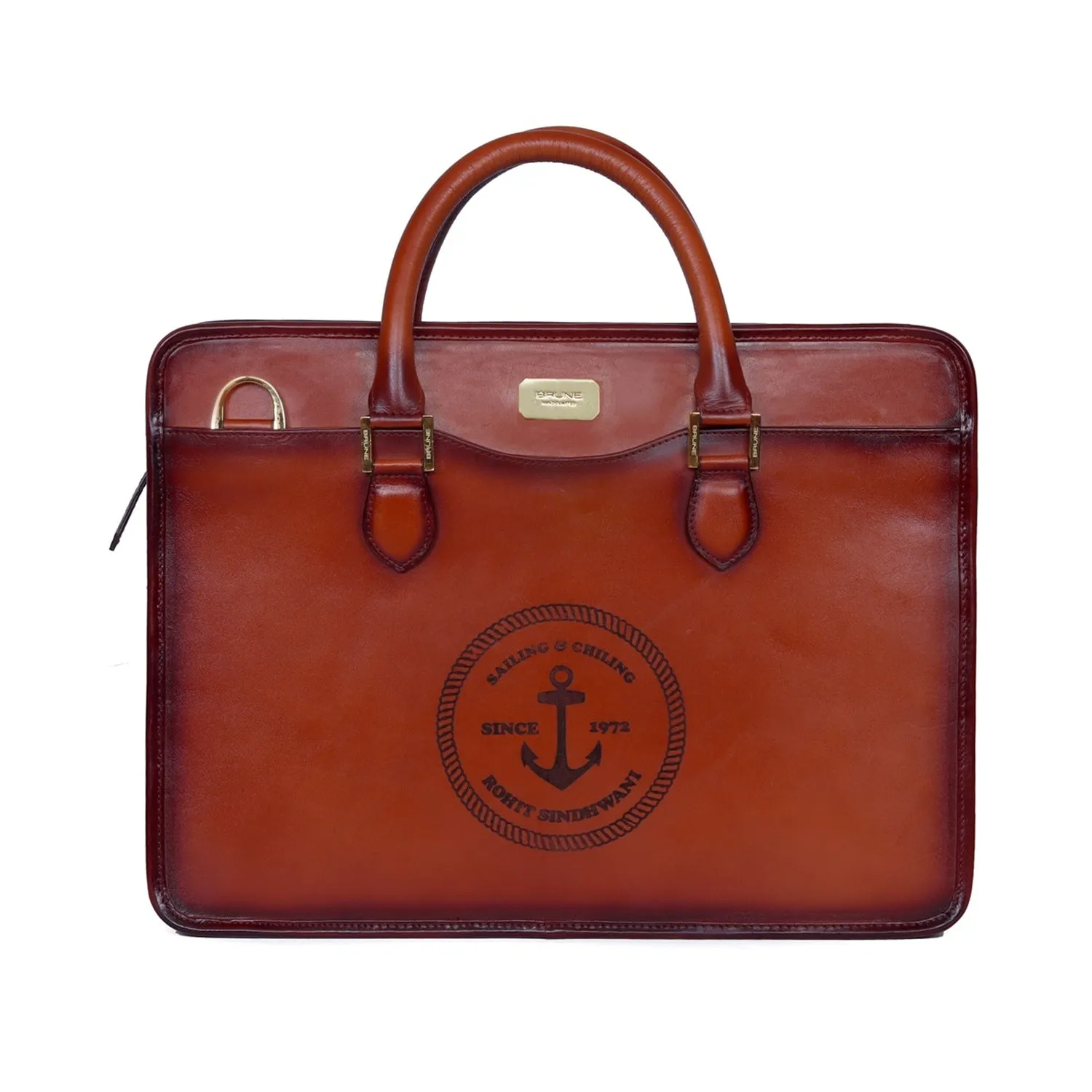 Customized Tan Darker Scritto Laser Initials and Anchor Sign Leather Laptop/Office Briefcase By Brune & Bareskin