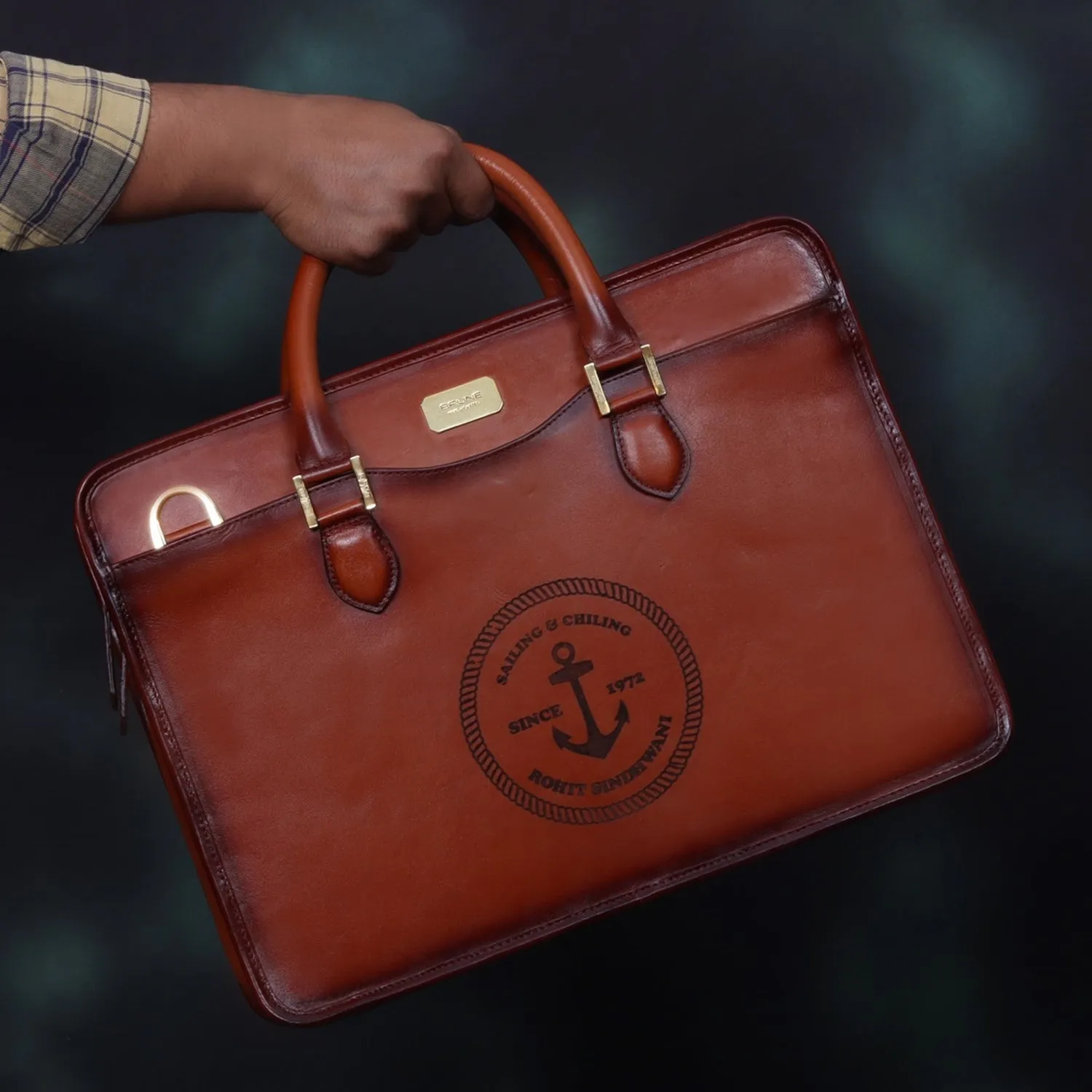 Customized Tan Darker Scritto Laser Initials and Anchor Sign Leather Laptop/Office Briefcase By Brune & Bareskin