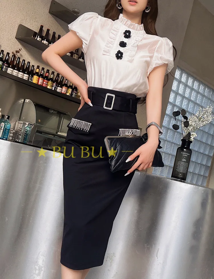 Dabuwawa  |Blended Fabrics Plain Short Sleeves Party Style With Jewels