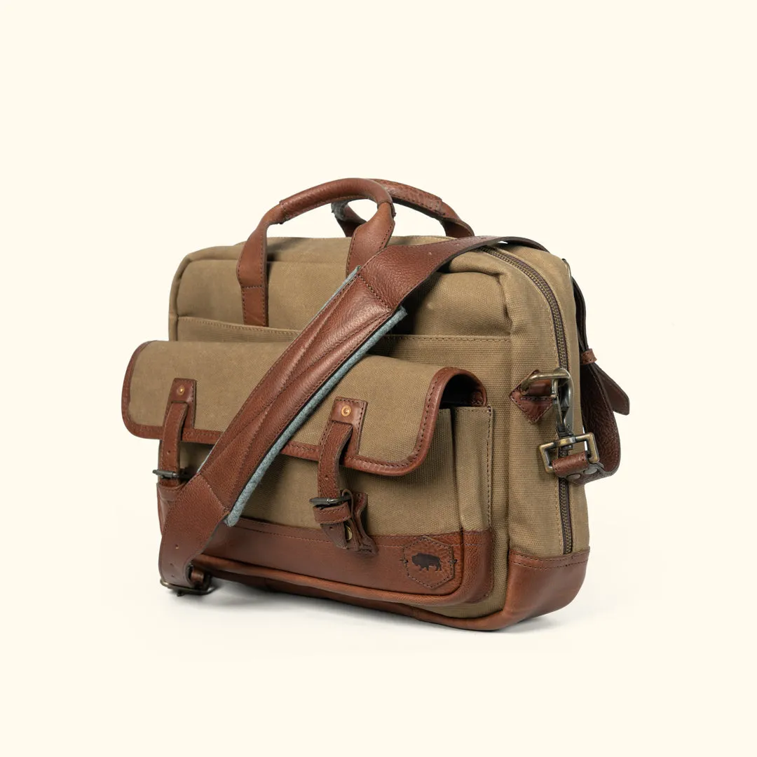 Dakota Reserve Waxed Canvas Leather Briefcase | Field Khaki with Chestnut Brown