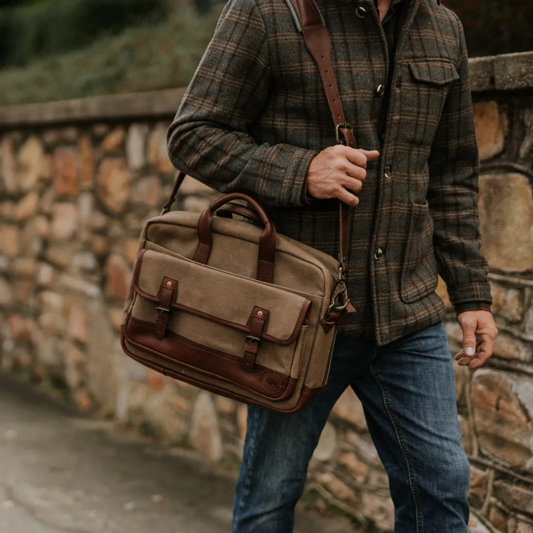 Dakota Reserve Waxed Canvas Leather Briefcase | Field Khaki with Chestnut Brown