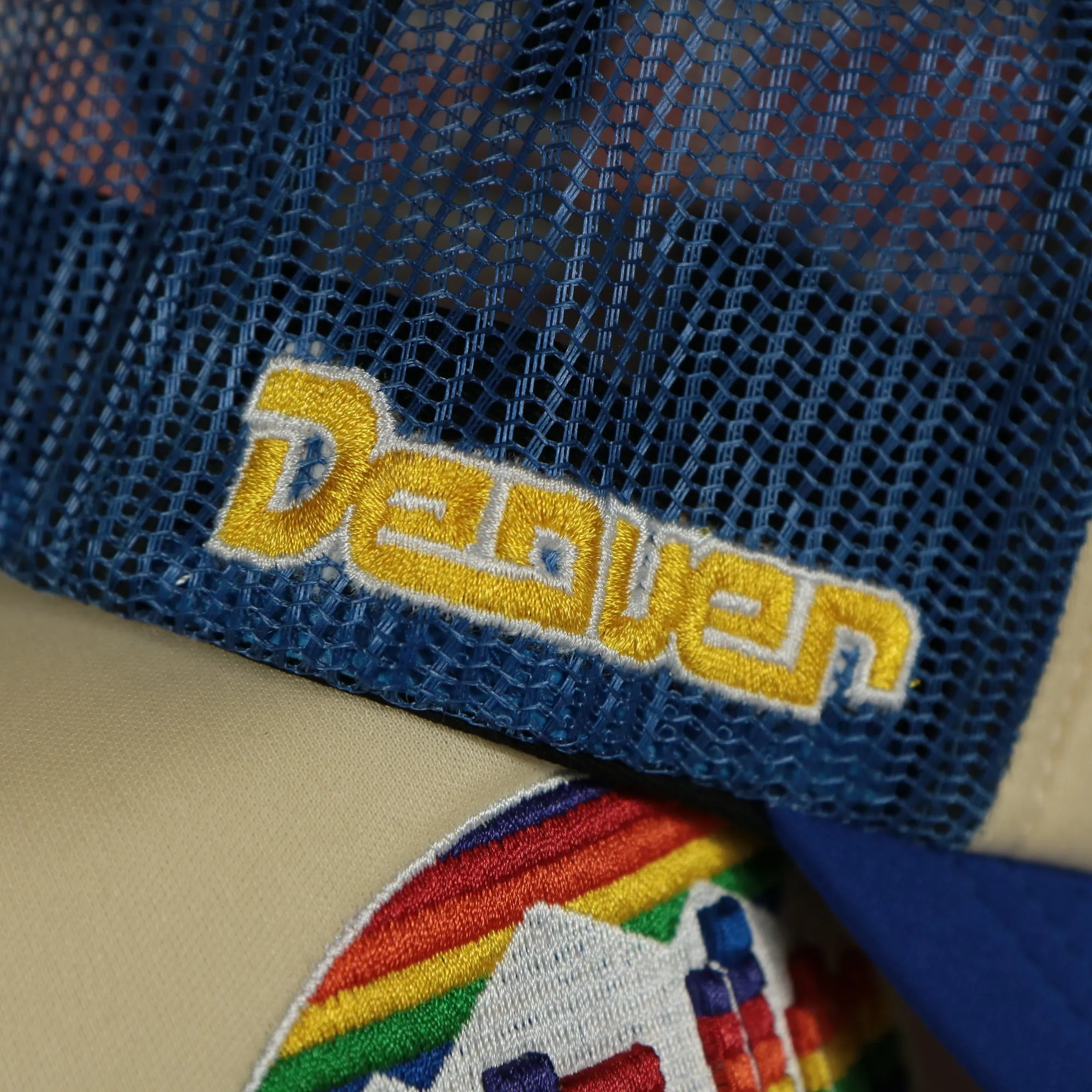 Denver Nuggets Vintage Denver wordmark Yellow Bottom 2-Tone Foam Trucker Hat | Royal Blue/Off-White Mitchell and Ness Hat