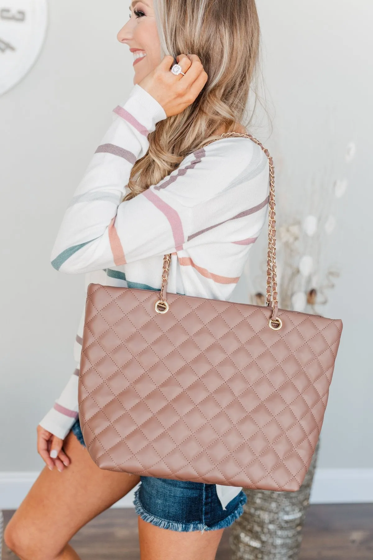 Everyday Quilted Tote Purse- Taupe