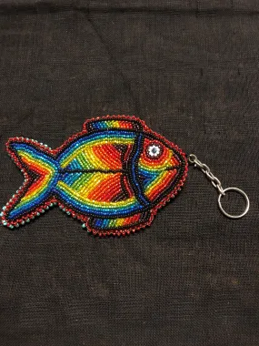 Guatemalan handcrafted glass bead round change purse with key ring. 3.5” diameter.  Fish design.