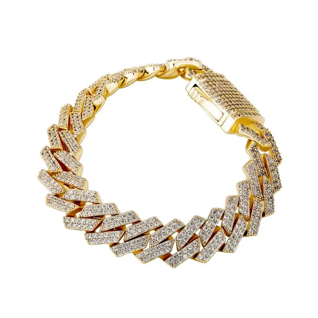 Iced Out Cubic Zirconia Cuban Link Chain Spring Clasp Gold Plated Bracelet