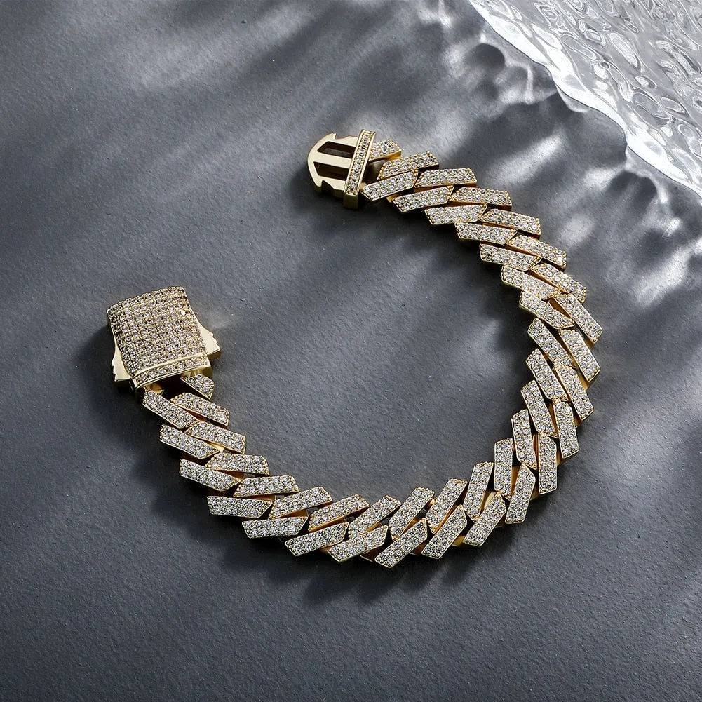 Iced Out Cubic Zirconia Cuban Link Chain Spring Clasp Gold Plated Bracelet