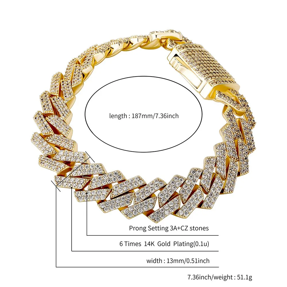 Iced Out Cubic Zirconia Cuban Link Chain Spring Clasp Gold Plated Bracelet