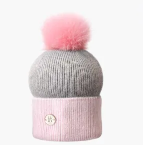 Kids Sophie Pom Pom Hat - Pink & Grey