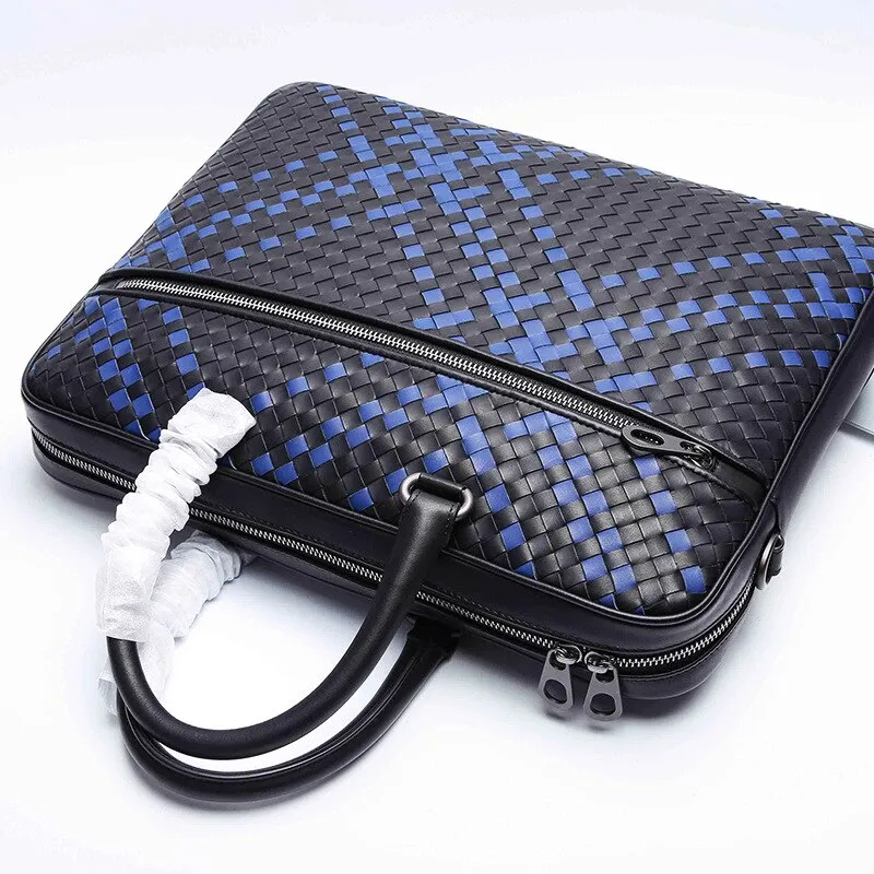 Men's Genuine Leather Woven Knitting Business Office Briefcase Handbag