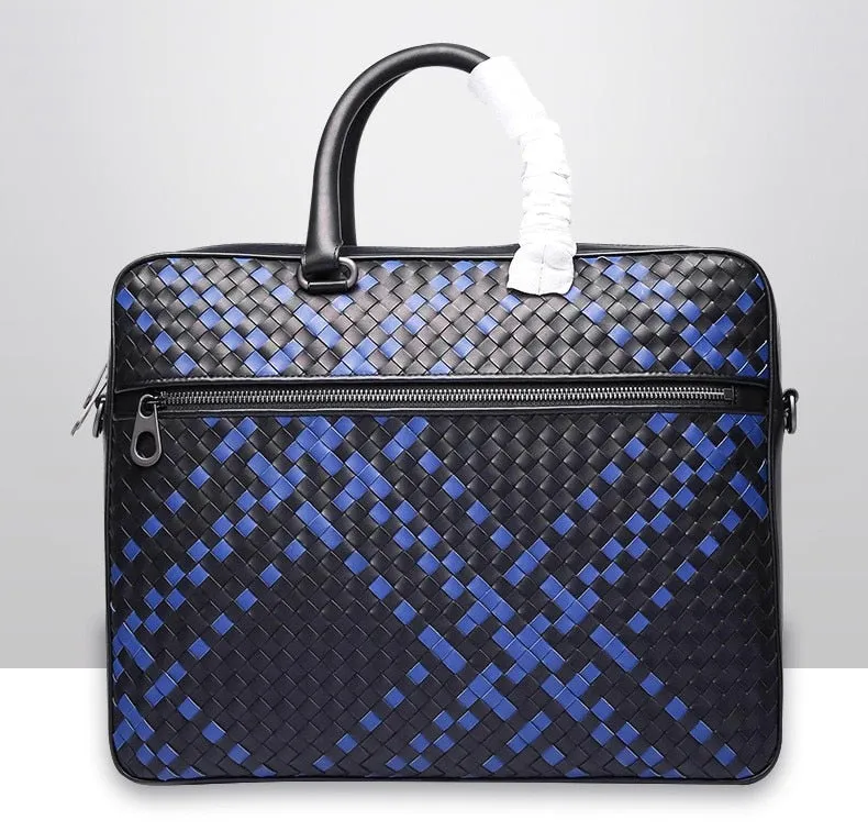 Men's Genuine Leather Woven Knitting Business Office Briefcase Handbag