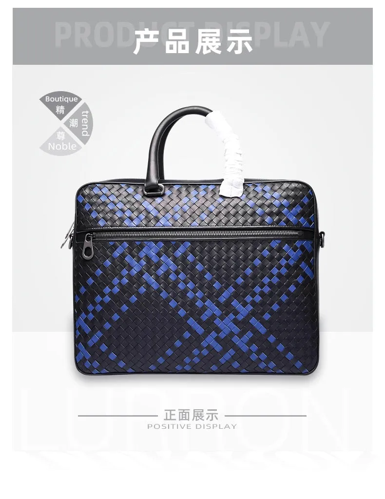 Men's Genuine Leather Woven Knitting Business Office Briefcase Handbag