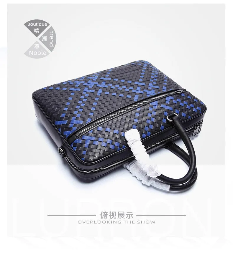 Men's Genuine Leather Woven Knitting Business Office Briefcase Handbag