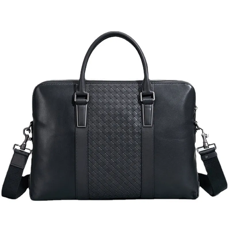 Men's Luxury Woven Genuine Leather Office Business Laptop Shoulder Handbag