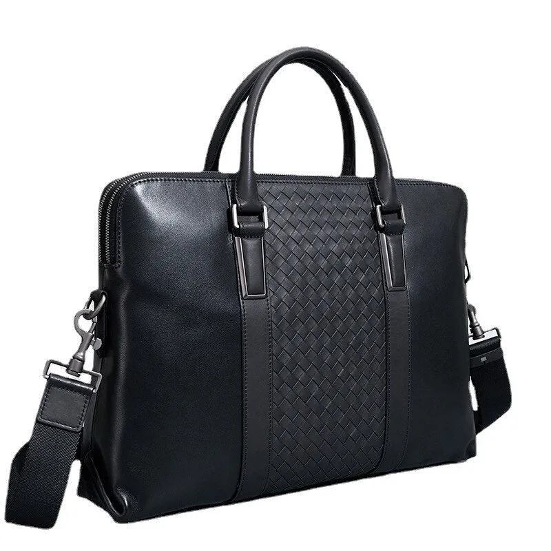 Men's Luxury Woven Genuine Leather Office Business Laptop Shoulder Handbag