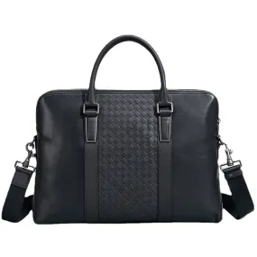 Men's Luxury Woven Genuine Leather Office Business Laptop Shoulder Handbag