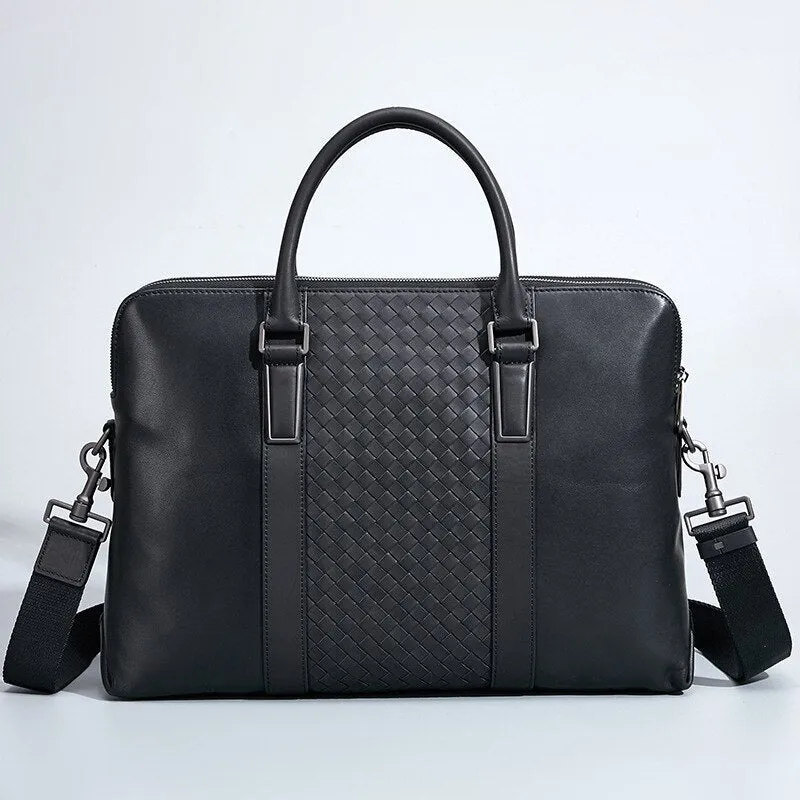 Men's Luxury Woven Genuine Leather Office Business Laptop Shoulder Handbag