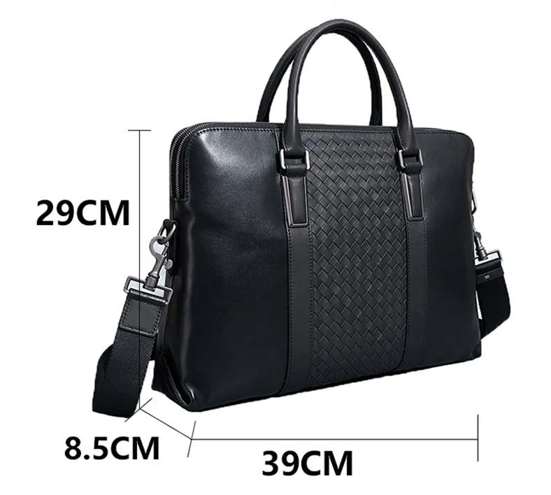 Men's Luxury Woven Genuine Leather Office Business Laptop Shoulder Handbag