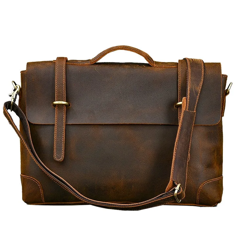 Men's Retro Crazy Horse Leather Laptop Briefcase Shoulder Handbag