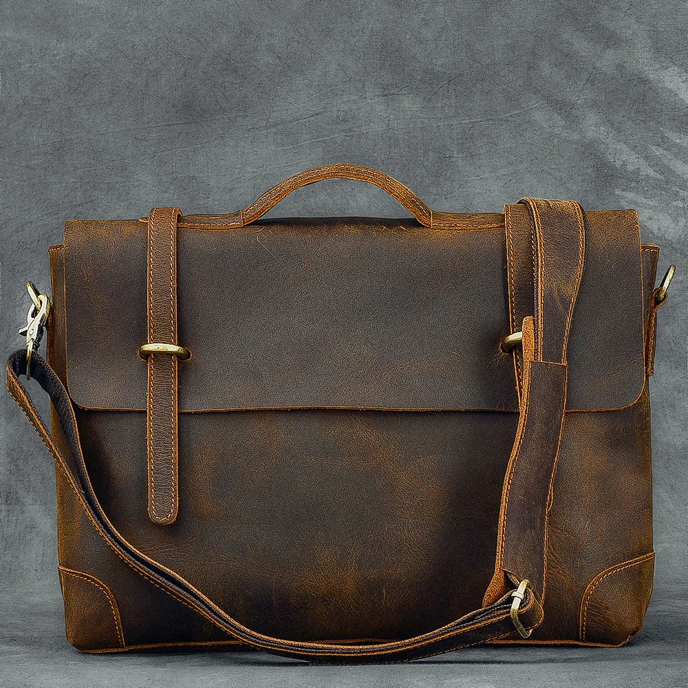 Men's Retro Crazy Horse Leather Laptop Briefcase Shoulder Handbag