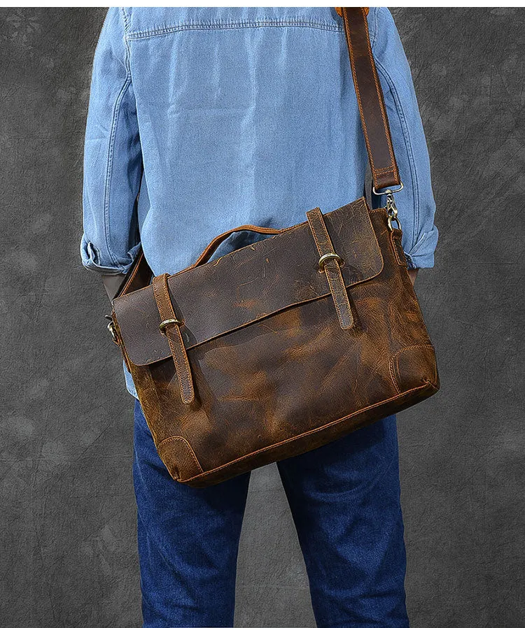 Men's Retro Crazy Horse Leather Laptop Briefcase Shoulder Handbag