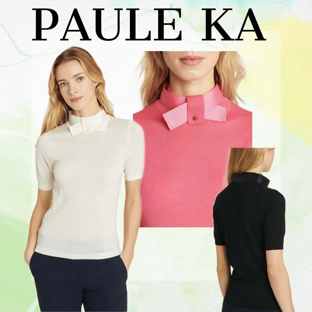 Paule Ka  |Casual Style Wool Plain Short Sleeves Party Style High-Neck