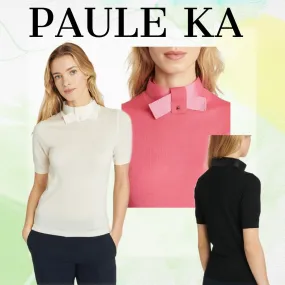 Paule Ka  |Casual Style Wool Plain Short Sleeves Party Style High-Neck