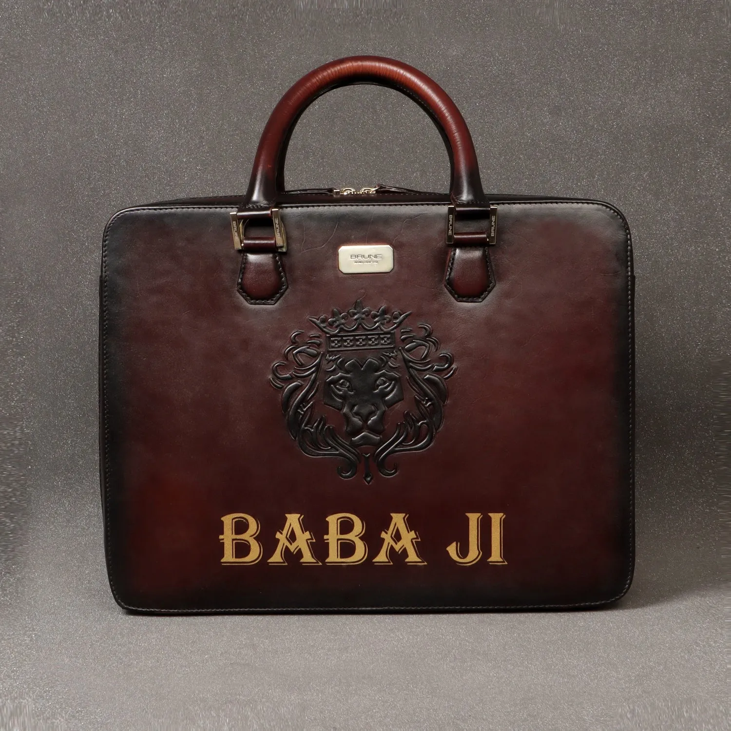 Personalized BABA JIHand-Painted Initial Embossed Lion Dark Brown Leather Laptop Office Briefcase by Brune & Bareskin