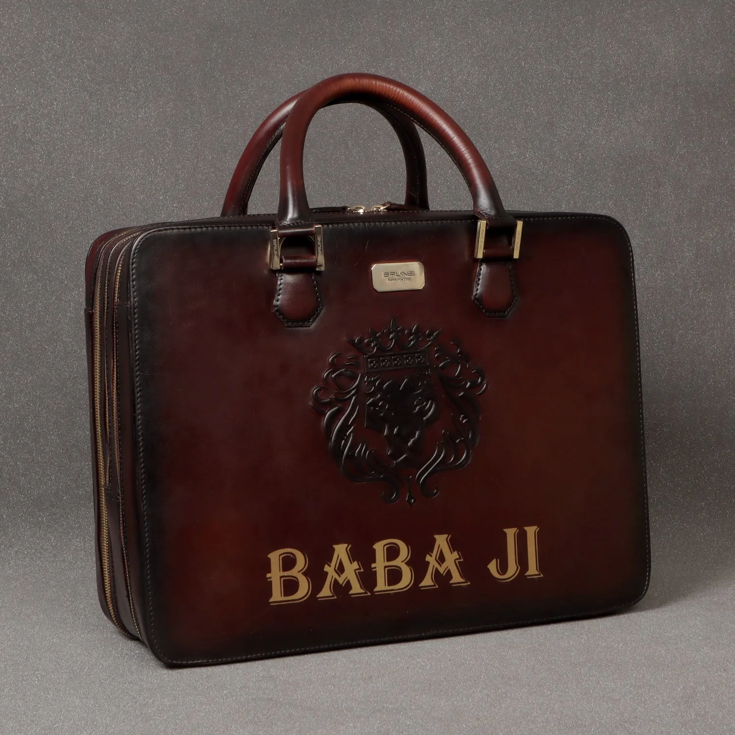 Personalized BABA JIHand-Painted Initial Embossed Lion Dark Brown Leather Laptop Office Briefcase by Brune & Bareskin