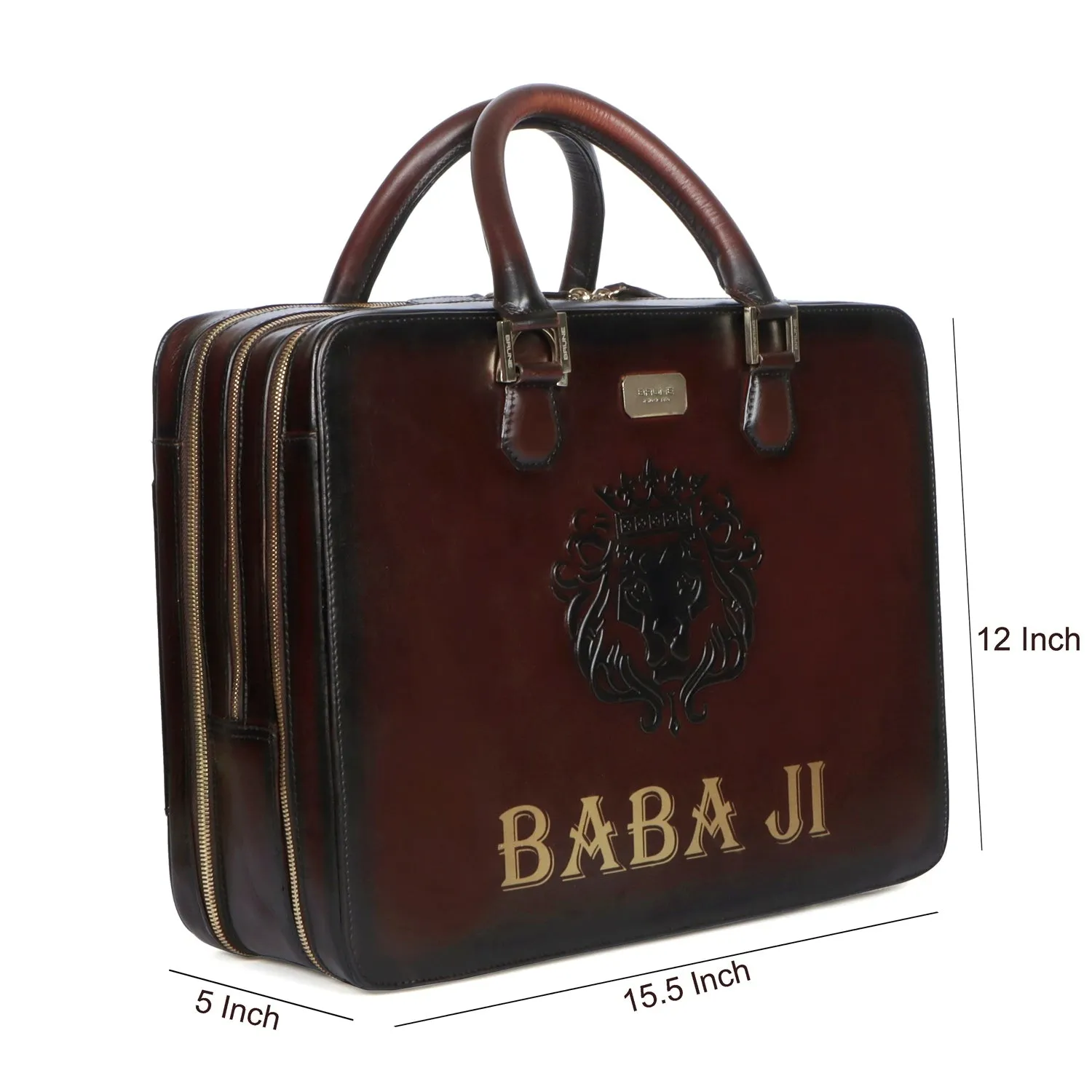 Personalized BABA JIHand-Painted Initial Embossed Lion Dark Brown Leather Laptop Office Briefcase by Brune & Bareskin