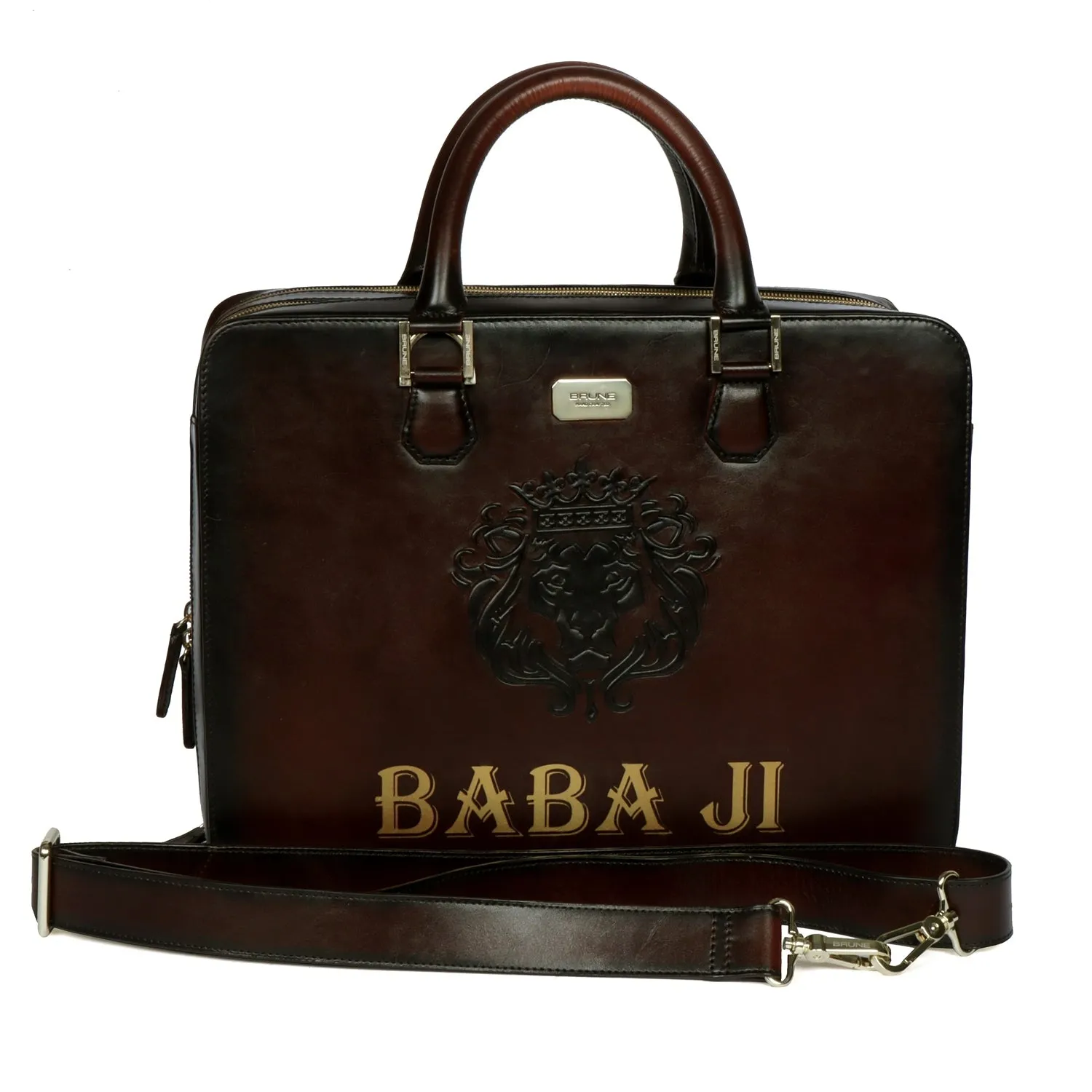 Personalized BABA JIHand-Painted Initial Embossed Lion Dark Brown Leather Laptop Office Briefcase by Brune & Bareskin