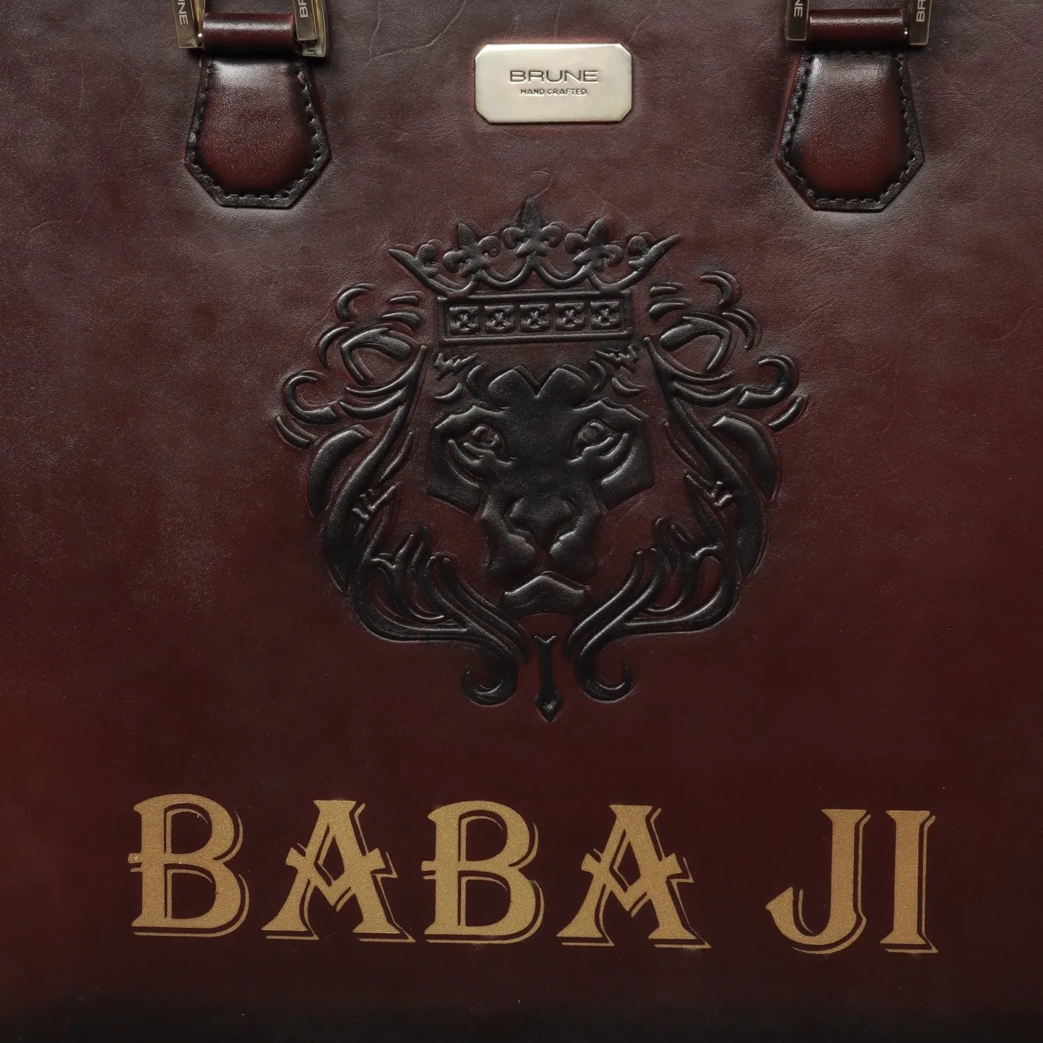 Personalized BABA JIHand-Painted Initial Embossed Lion Dark Brown Leather Laptop Office Briefcase by Brune & Bareskin