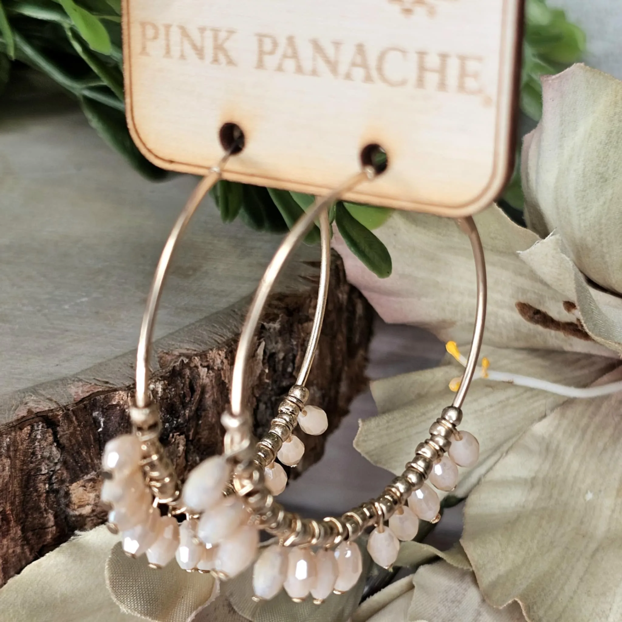 PP Blush Beaded Dangle Gold Hoop Earrings