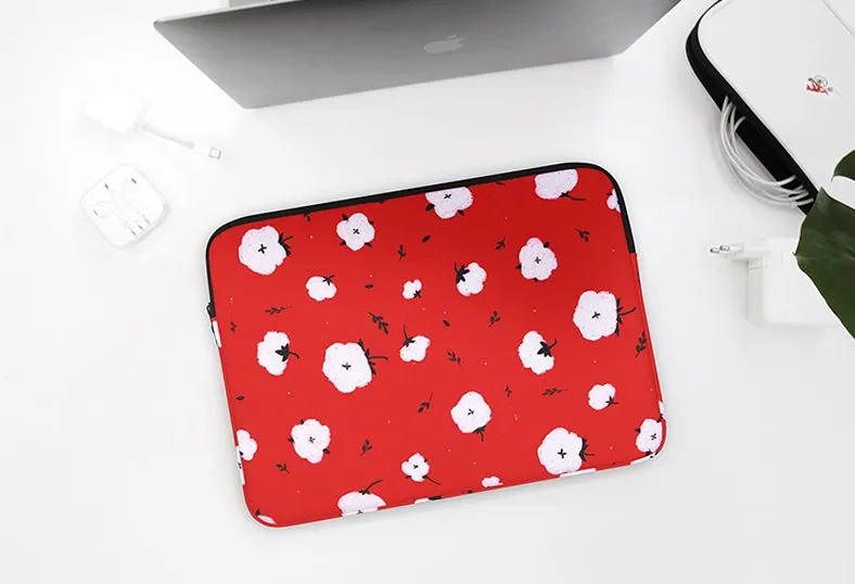 Red Cotton Floral Graphic Laptop Sleeves 11 13 15 inch Cases Protective Skins Covers Handbags Square Pouches Designer Artist Pri