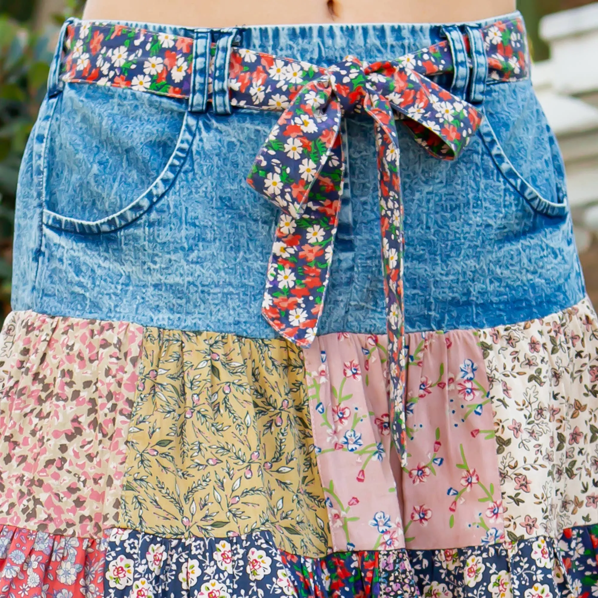 Sale - Mini Skirt In Denim With Mix & Match Prints With Pockets