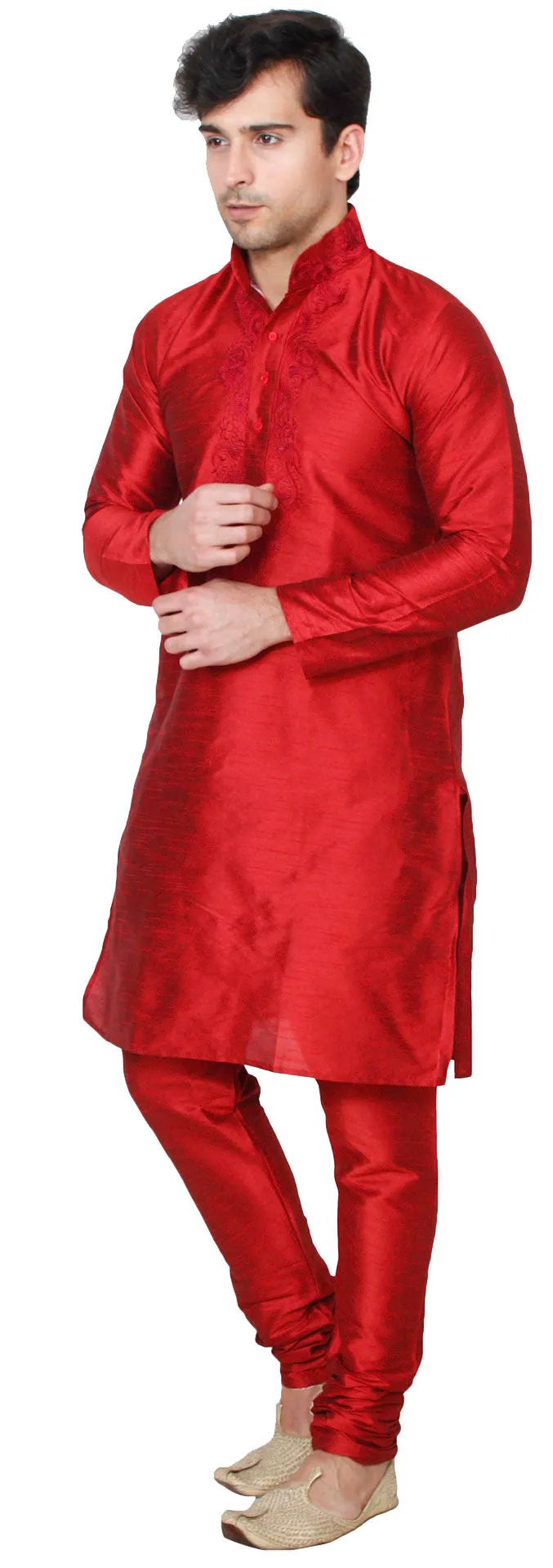 Silk Embroidered Men's Kurta Pajama India Clothing (Red)