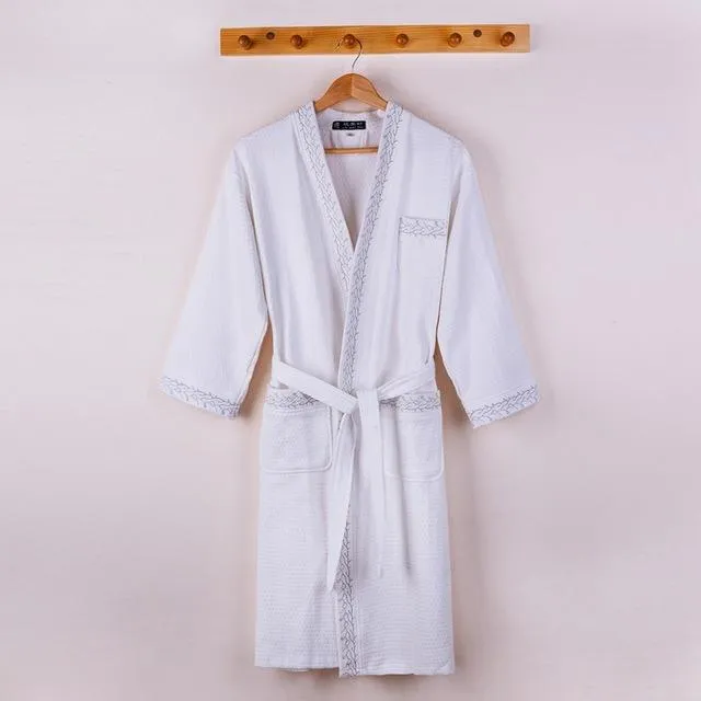 Unisex Sexy Cotton White Long Sleeve Bathrobe Kimono Night Gown