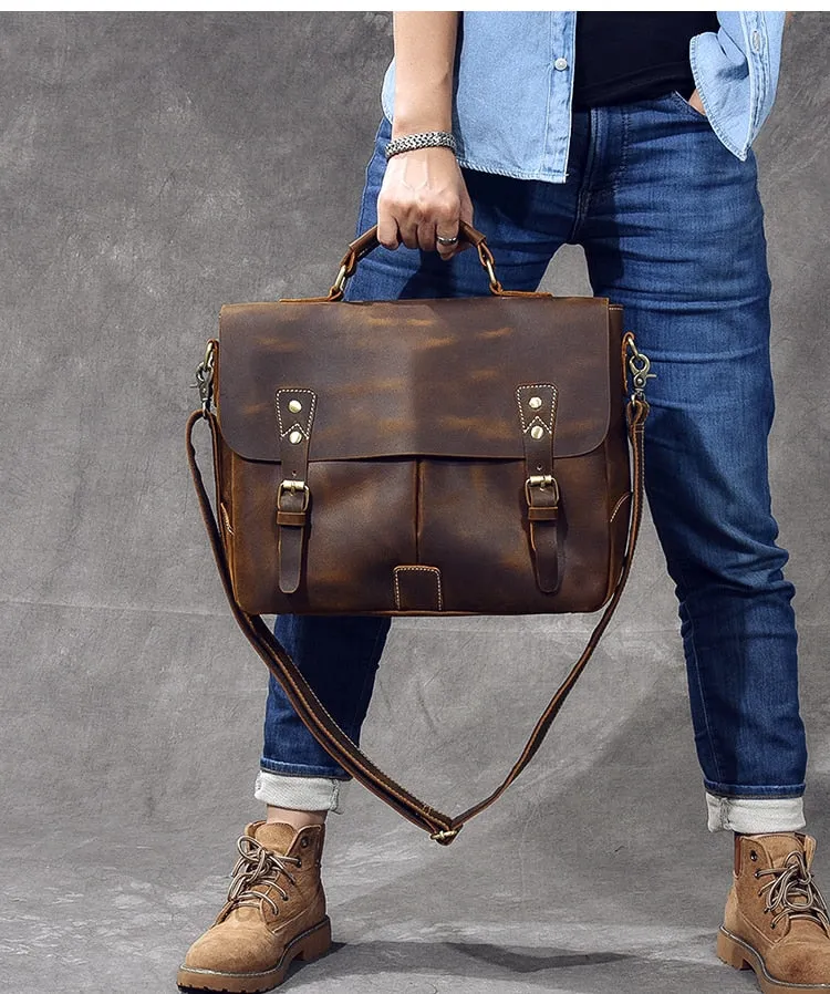 Vintage Classic Men's Soft Horse Leather Laptop Shoulder Handbag