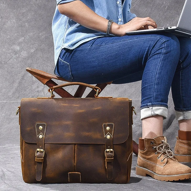 Vintage Classic Men's Soft Horse Leather Laptop Shoulder Handbag