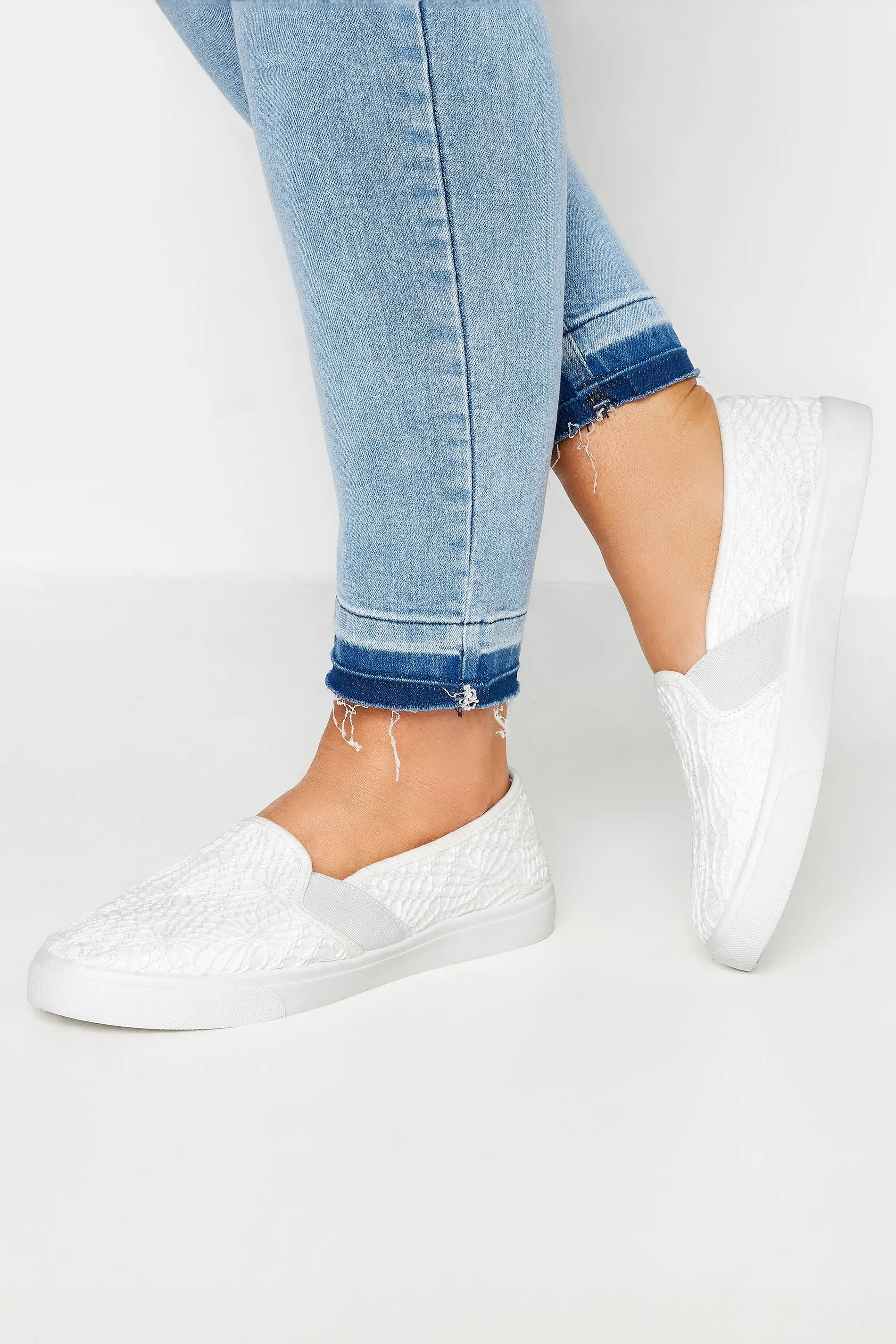 White Broderie Anglaise Slip-On Trainers In Wide E Fit