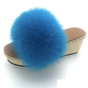 Women's Luxury Lake Blue Color Real Fox Fur Wedges House Slippers